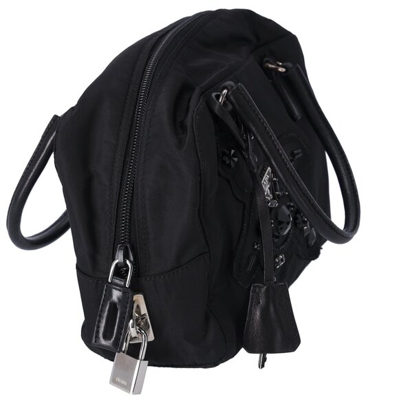 PRADA Triangle Logo Handbag Black Nylon Leather Bear Beaded - Picture 5 of 7